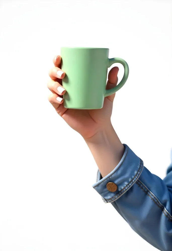 A Fair Skinned Hand Holding A Green Mug The Hand Has White Nail Polish Wearing A Denim Jacket White Background 8 6893