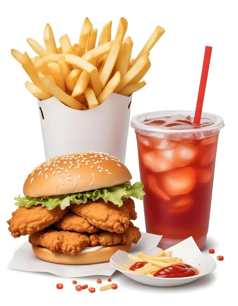 A Fast Food Meal Consisting Of A Fried Chicken Sandwich French Fries And A Red Soda Drink 2 03cd