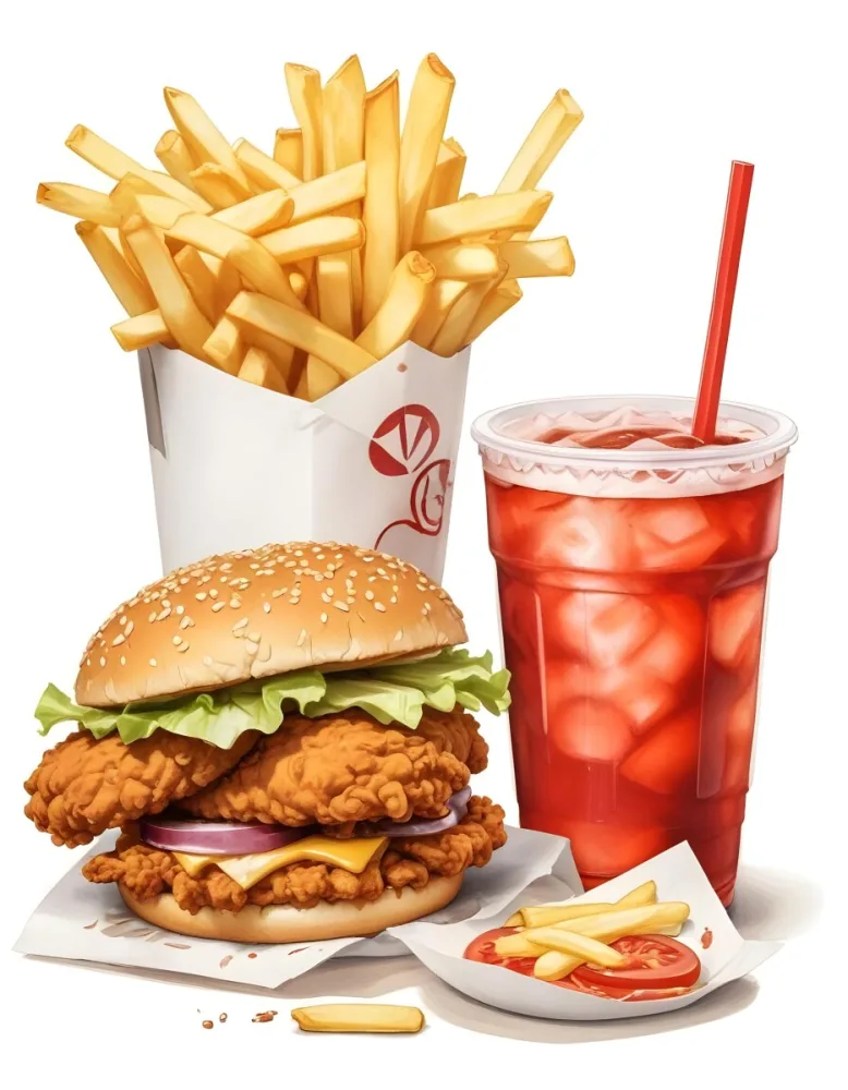 A Fast Food Meal Consisting Of A Fried Chicken Sandwich French Fries And A Red Soda Drink 23 1043