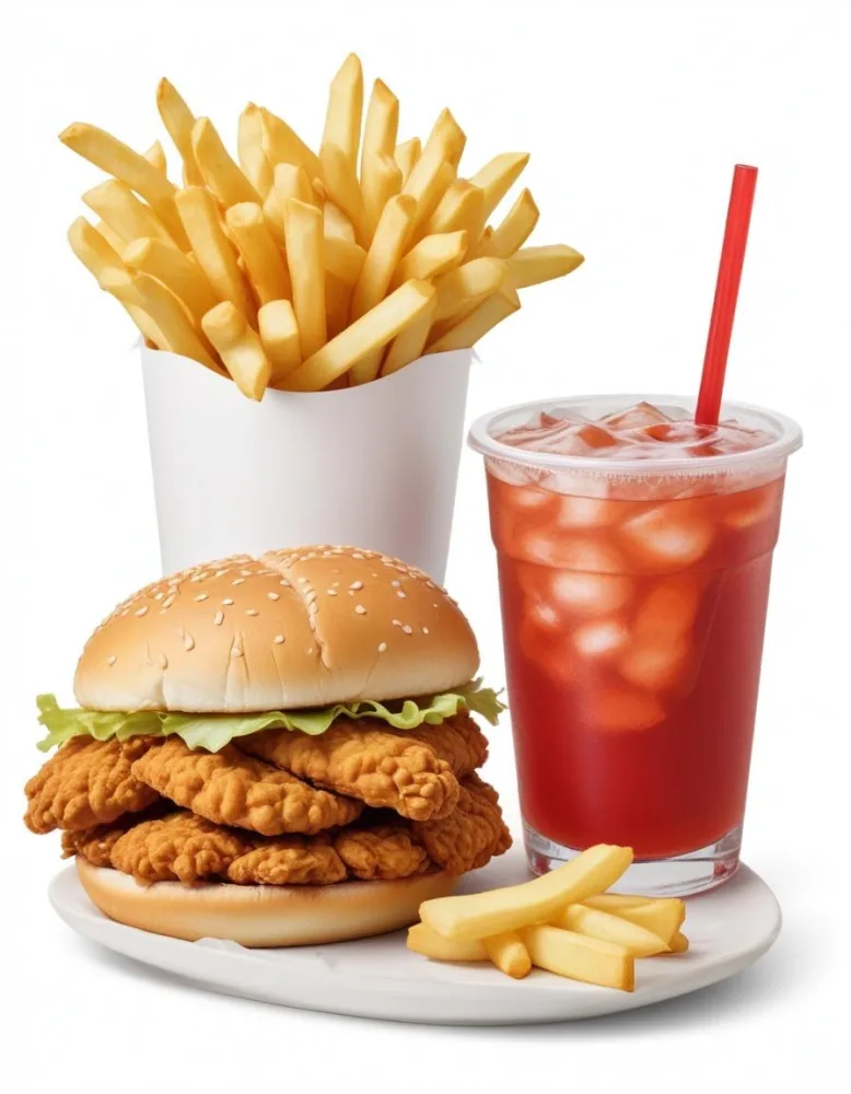 A Fast Food Meal Consisting Of A Fried Chicken Sandwich French Fries And A Red Soda Drink 29 9006