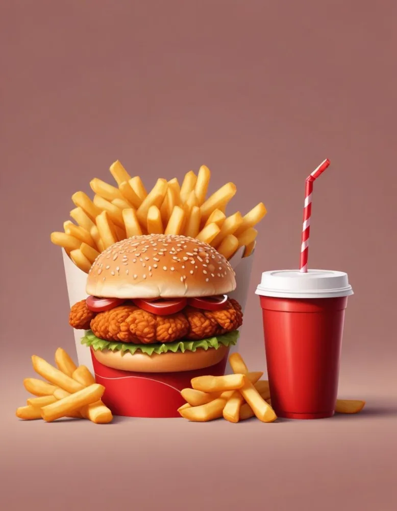 A Fast Food Meal Consisting Of A Fried Chicken Sandwich French Fries And A Red Soda Drink 55 6153