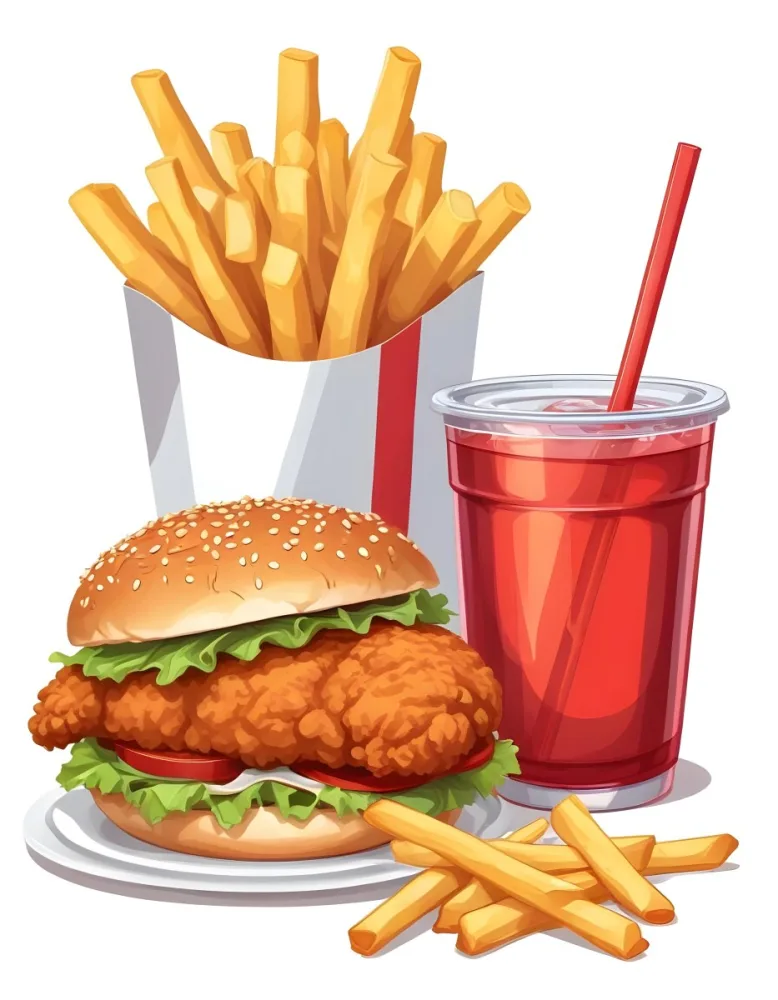 A Fast Food Meal Consisting Of A Fried Chicken Sandwich French Fries And A Red Soda Drink 64 Ab3c