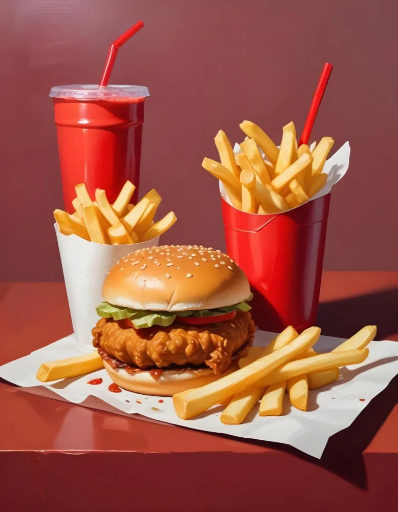 A Fast Food Meal Consisting Of A Fried Chicken Sandwich French Fries And A Red Soda Drink 79 Bef4