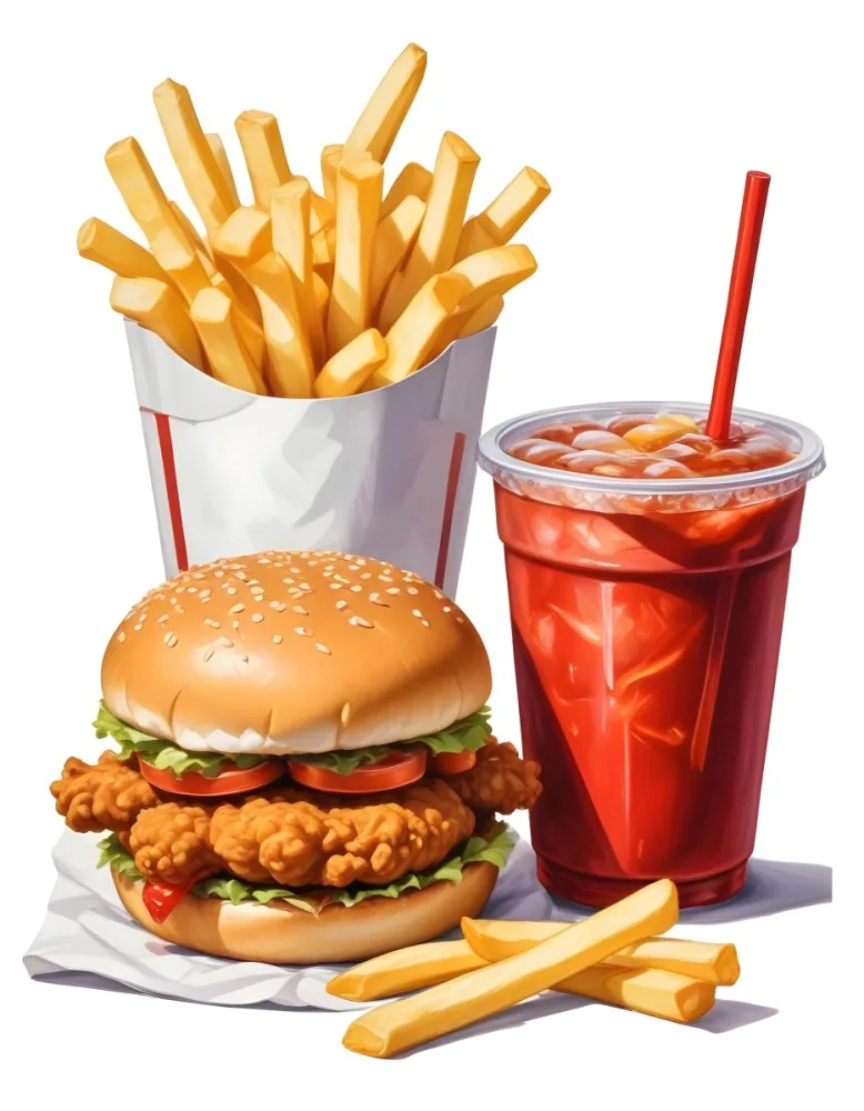 A Fast Food Meal Consisting Of A Fried Chicken Sandwich French Fries And A Red Soda Drink 81 81d2