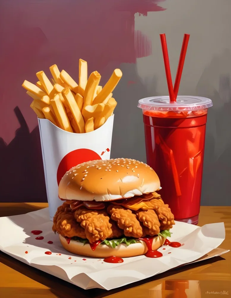 A Fast Food Meal Consisting Of A Fried Chicken Sandwich French Fries And A Red Soda Drink 82 77c2