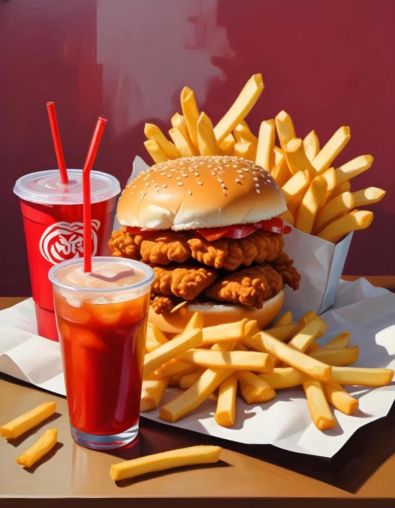 A Fast Food Meal Consisting Of A Fried Chicken Sandwich French Fries And A Red Soda Drink 83 09c5