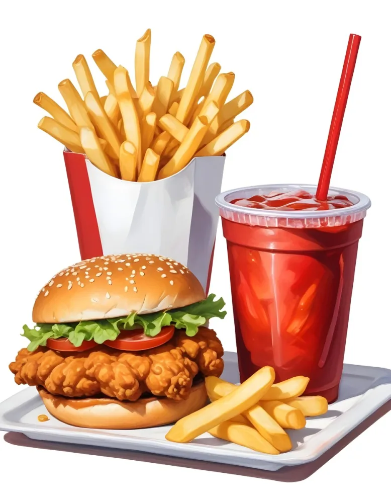 A Fast Food Meal Consisting Of A Fried Chicken Sandwich French Fries And A Red Soda Drink 84 8dac