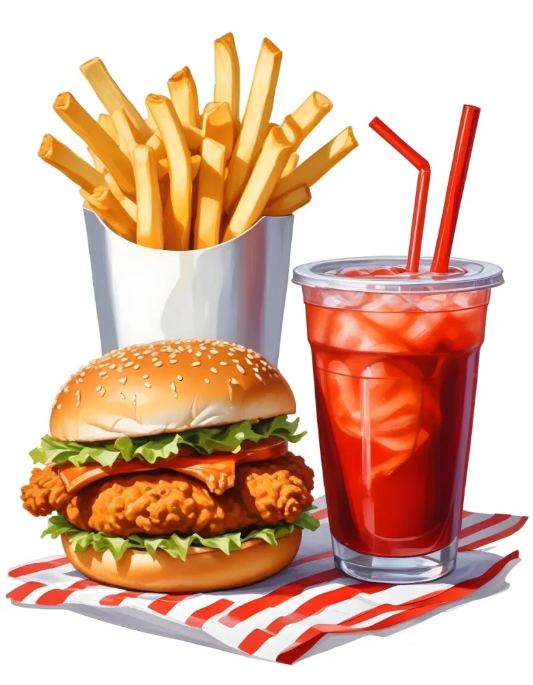 A Fast Food Meal Consisting Of A Fried Chicken Sandwich French Fries And A Red Soda Drink 86 425b