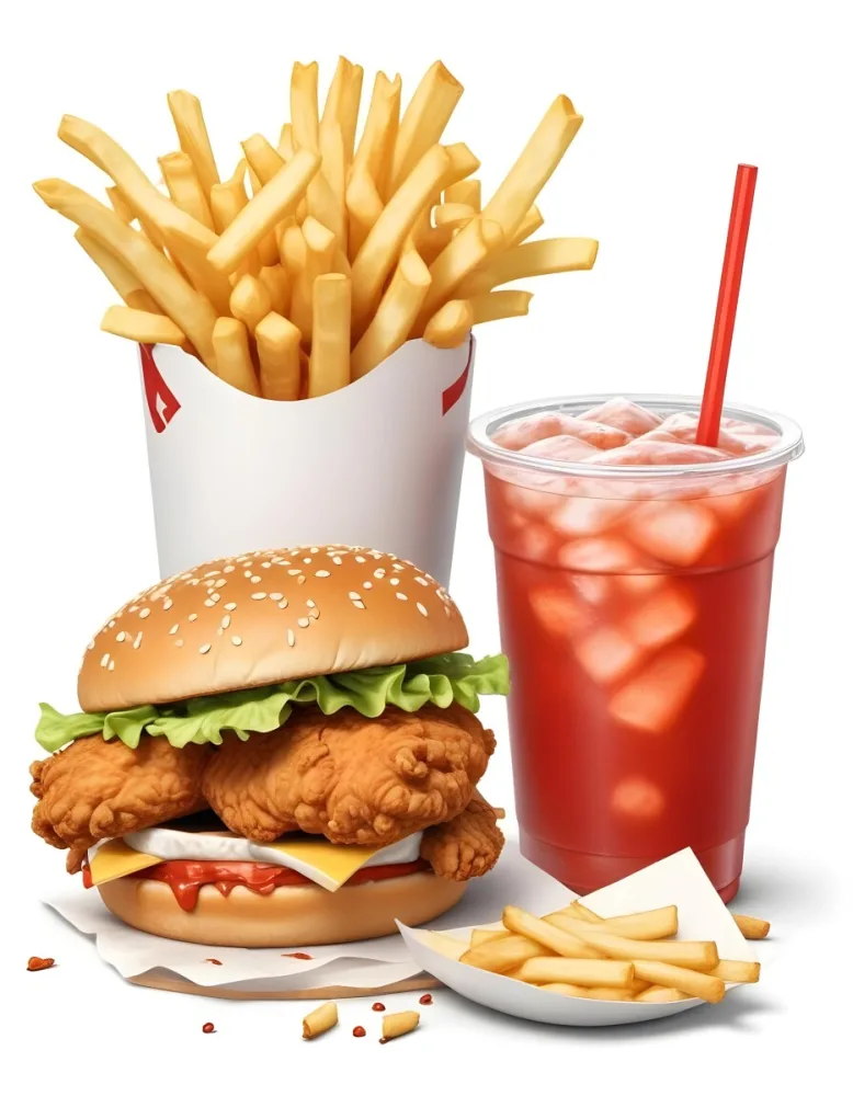 A Fast Food Meal Consisting Of A Fried Chicken Sandwich French Fries And A Red Soda Drink 9 5720