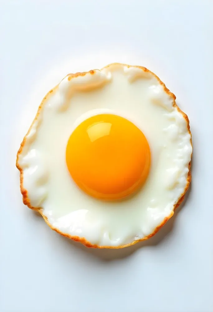 A Fried Egg With A Bright Yellow Yolk And Translucent White On A White Surface Top Down View Studio Lighting Food Photography 8 7f76