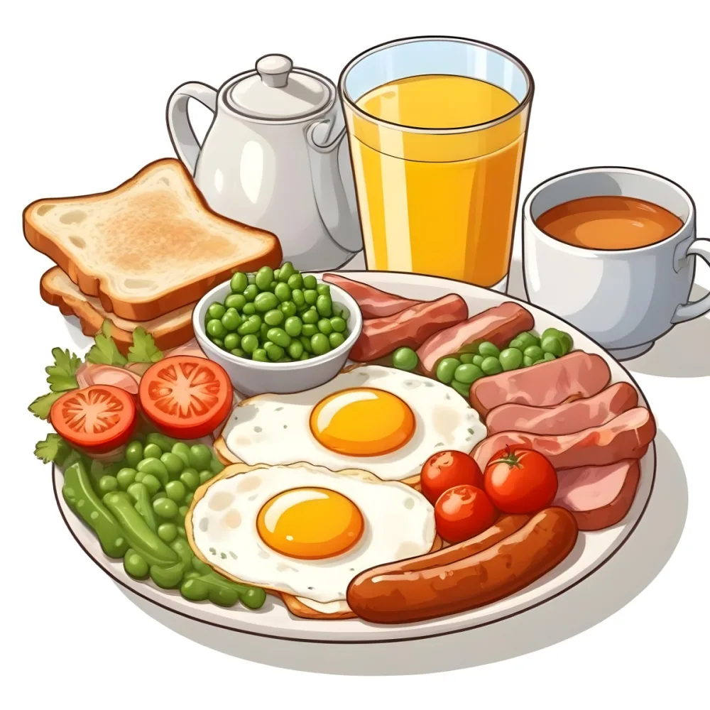 A Full English Breakfast With Fried Eggs Bacon Sausages Baked Beans Toast And Orange Juic 5 Ade8