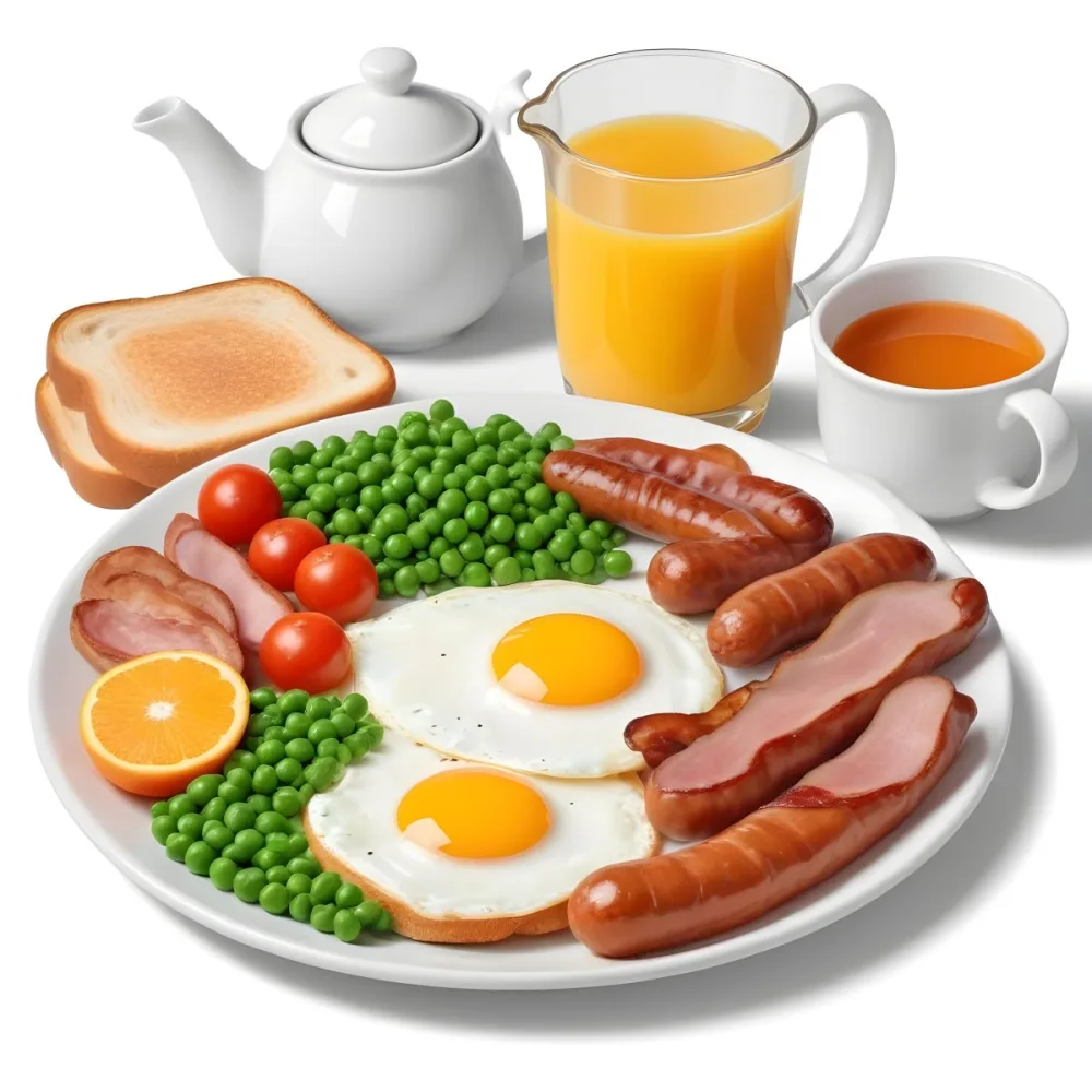 A Full English Breakfast With Fried Eggs Bacon Sausages Baked Beans Toast And Orange Juic 7 2045