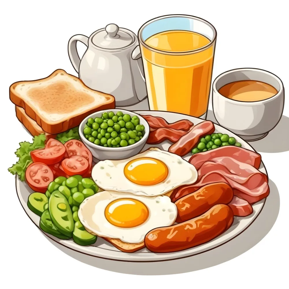 A Full English Breakfast With Fried Eggs Bacon Sausages Baked Beans Toast And Orange Juic 8 2c41