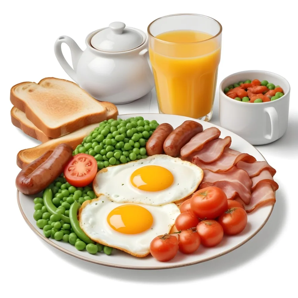 A Full English Breakfast With Fried Eggs Bacon Sausages Baked Beans Toast And Orange Juic 9 1ecc