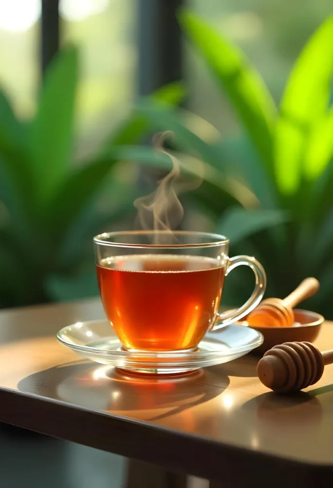 A Glass Cup With Tea On A Glass Table Steam Coming Out Of The Cup Green Plants In The Background Honey Dipper And Bowl With Honey 5 5406
