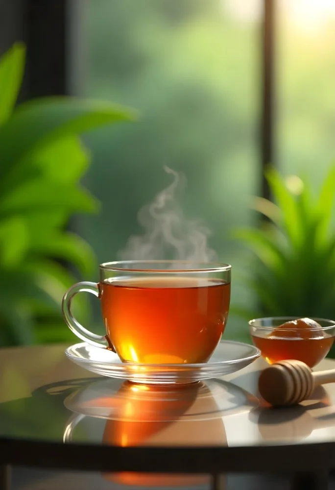 A Glass Cup With Tea On A Glass Table Steam Coming Out Of The Cup Green Plants In The Background Honey Dipper And Bowl With Honey 6 4ab0