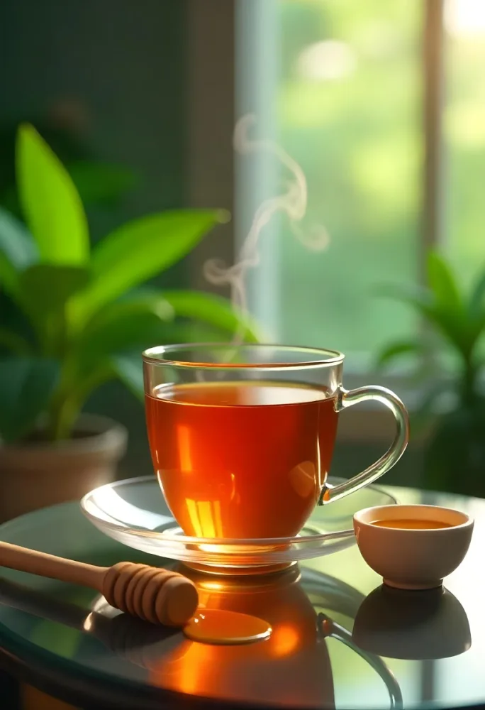 A Glass Cup With Tea On A Glass Table Steam Coming Out Of The Cup Green Plants In The Background Honey Dipper And Bowl With Honey 7 0062
