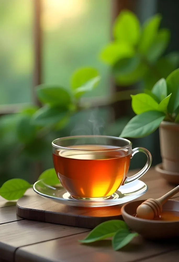 A Glass Cup With Tea On A Glass Table Steam Coming Out Of The Cup Green Plants In The Background Honey Dipper And Bowl With Honey 8 5f18