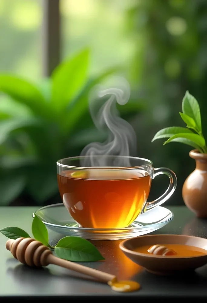 A Glass Cup With Tea On A Glass Table Steam Coming Out Of The Cup Green Plants In The Background Honey Dipper And Bowl With Honey 9 4a00