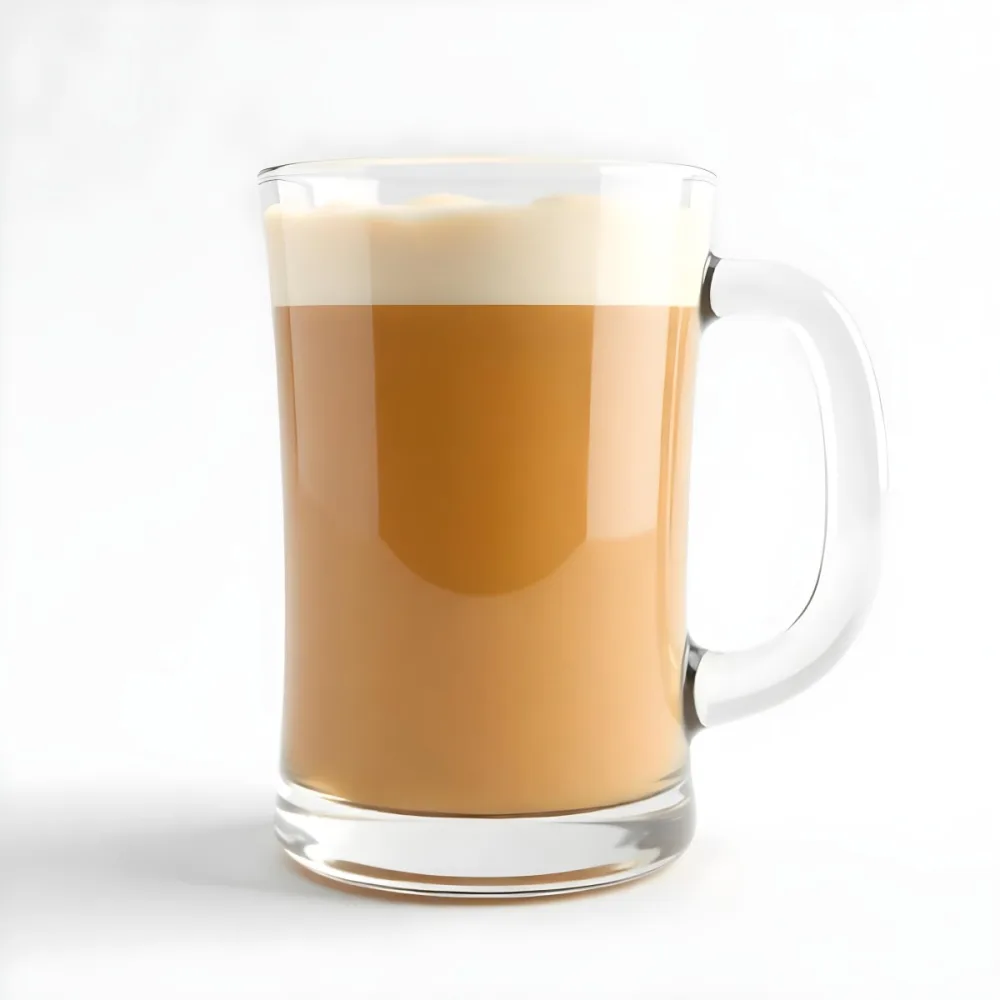 A Glass Mug Filled With A Creamy Brown Liquid Possibly Tea Or Coffee With Milk On A Plain White Background 1 58c6