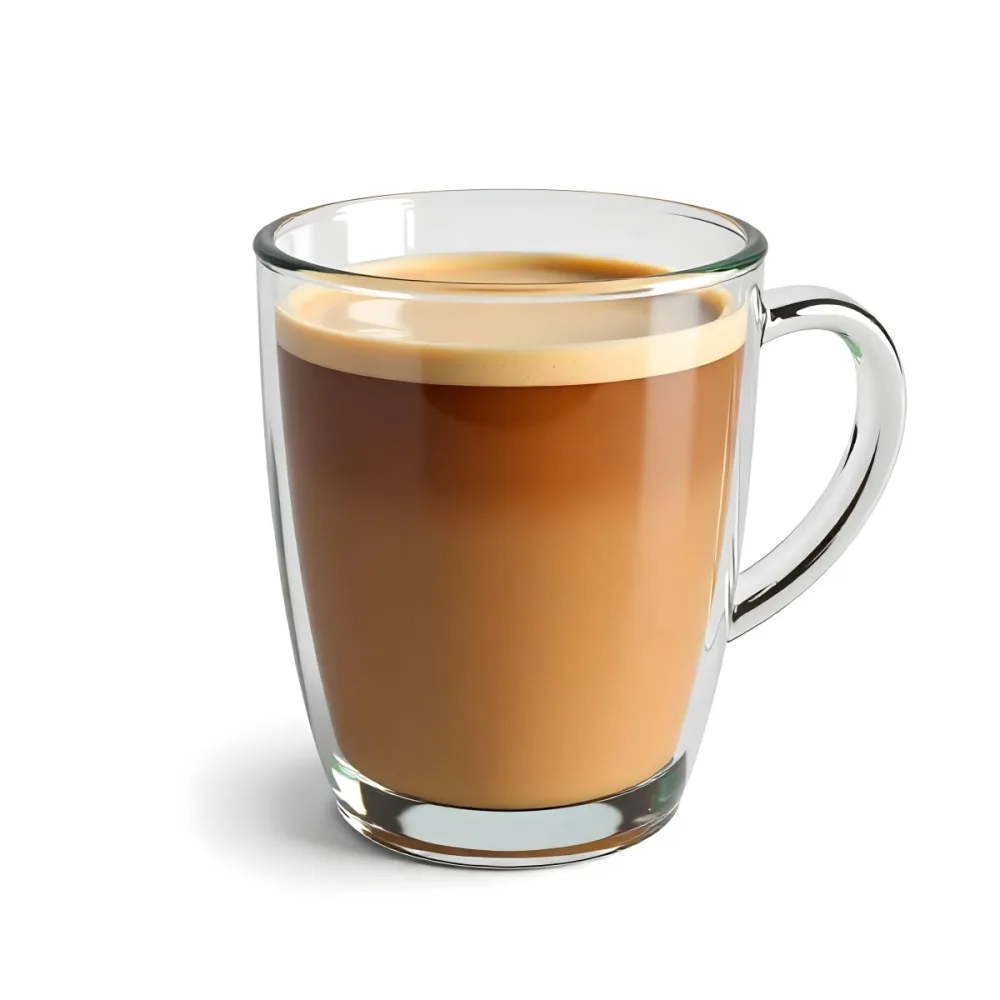 A Glass Mug Filled With A Creamy Brown Liquid Possibly Tea Or Coffee With Milk On A Plain White Background 15 8630
