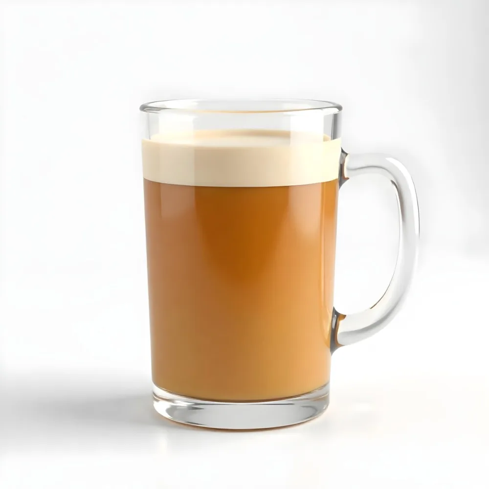 A Glass Mug Filled With A Creamy Brown Liquid Possibly Tea Or Coffee With Milk On A Plain White Background 21 4fd1