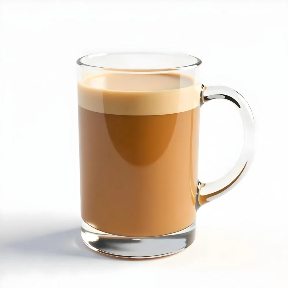 A Glass Mug Filled With A Creamy Brown Liquid Possibly Tea Or Coffee With Milk On A Plain White Background 28 9e01