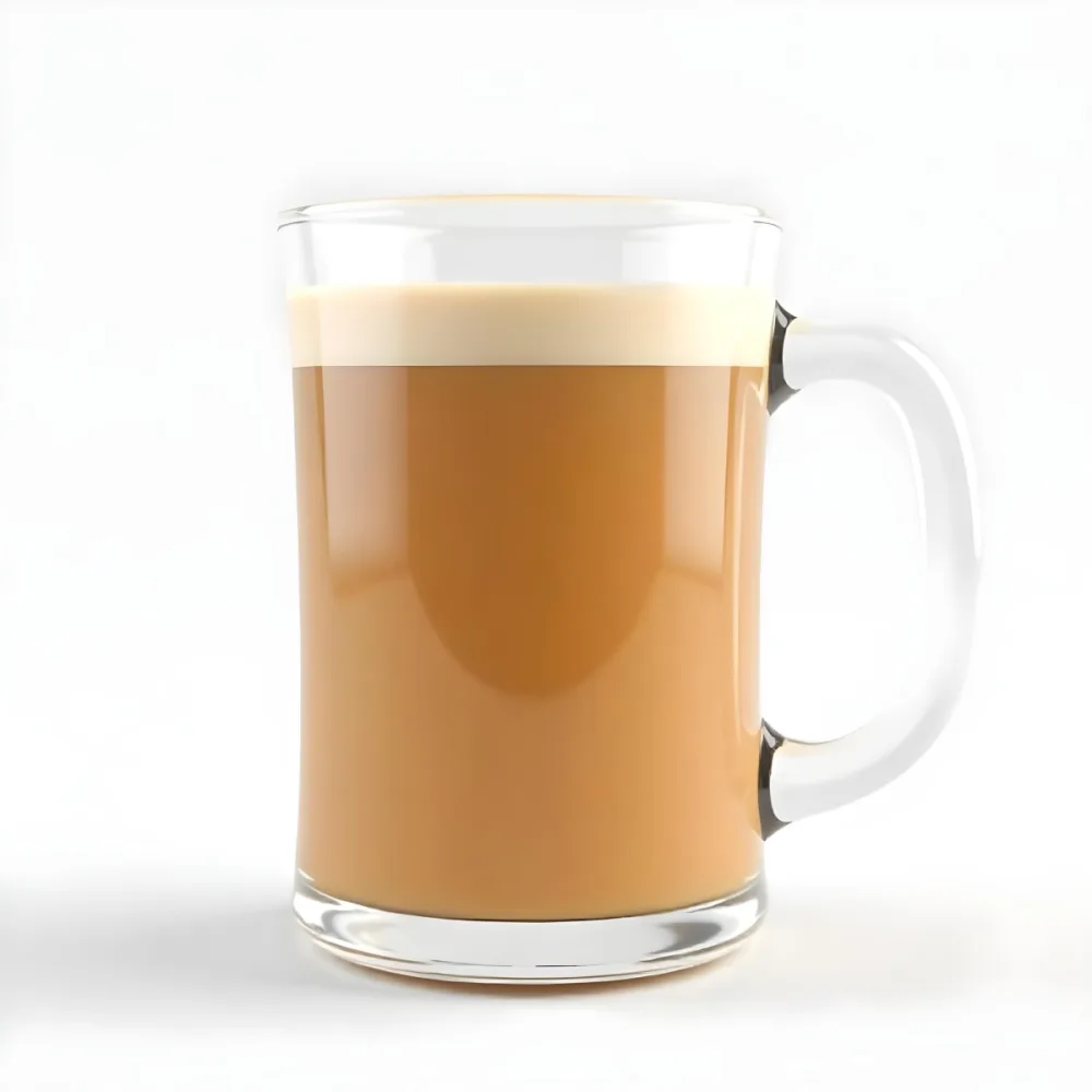 A Glass Mug Filled With A Creamy Brown Liquid Possibly Tea Or Coffee With Milk On A Plain White Background 29 C72b
