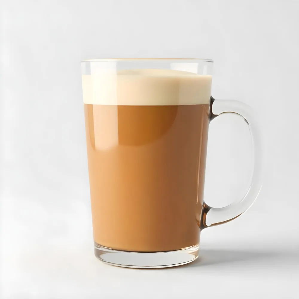A Glass Mug Filled With A Creamy Brown Liquid Possibly Tea Or Coffee With Milk On A Plain White Background 3 2d05