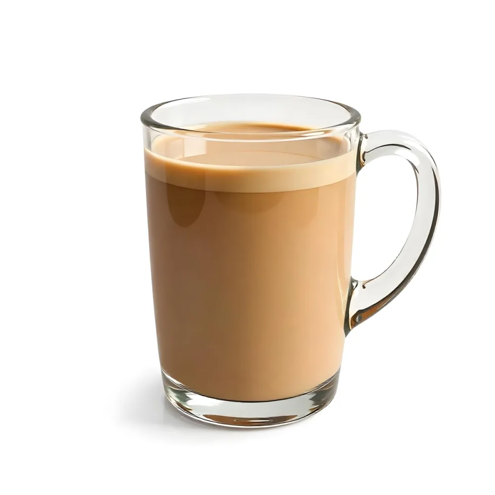 A Glass Mug Filled With A Creamy Brown Liquid Possibly Tea Or Coffee With Milk On A Plain White Background 32 3a68