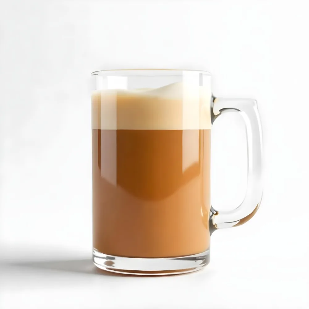 A Glass Mug Filled With A Creamy Brown Liquid Possibly Tea Or Coffee With Milk On A Plain White Background 33 9241