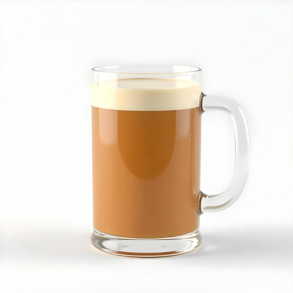 A Glass Mug Filled With A Creamy Brown Liquid Possibly Tea Or Coffee With Milk On A Plain White Background 5 3dc7