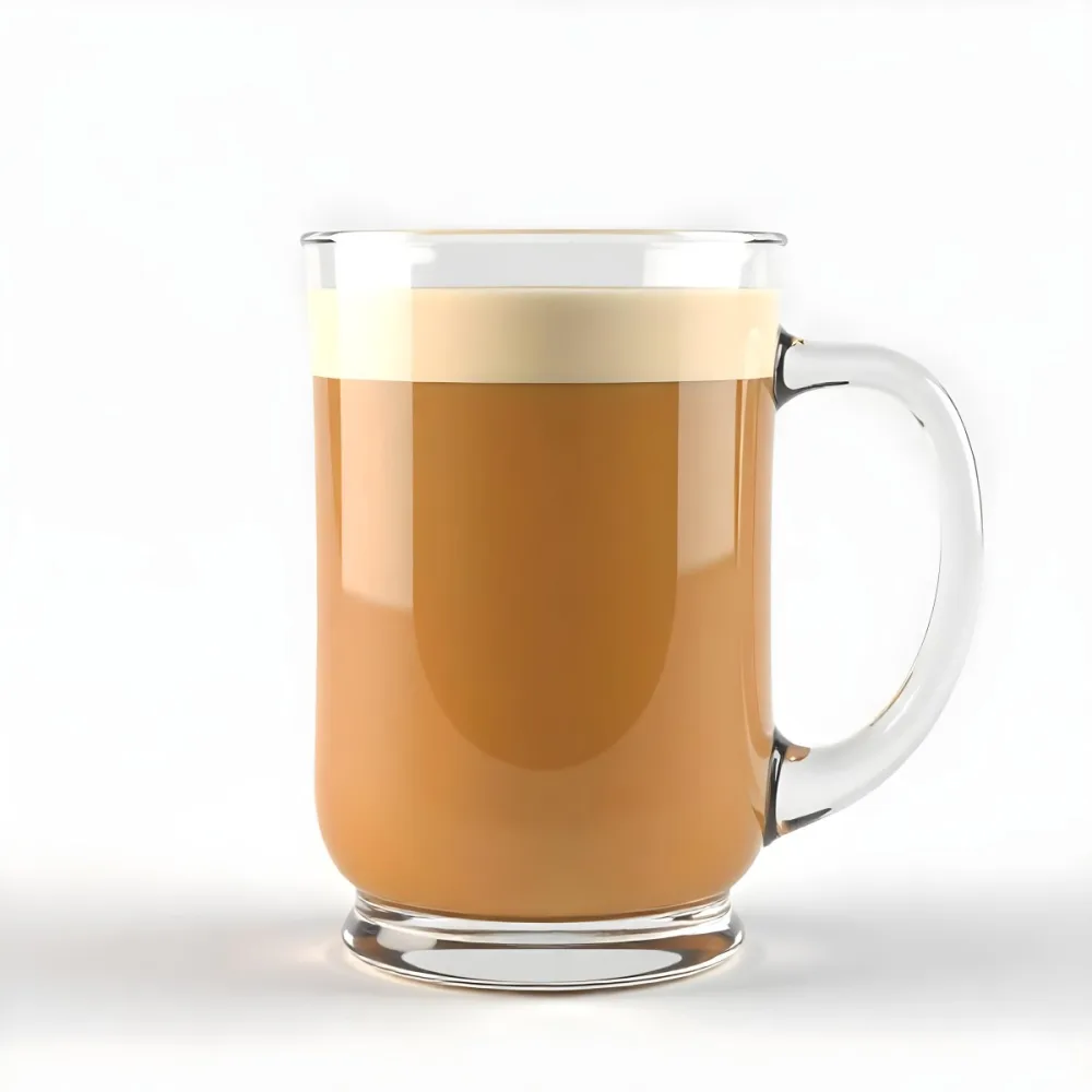 A Glass Mug Filled With A Creamy Brown Liquid Possibly Tea Or Coffee With Milk On A Plain White Background 6 680f