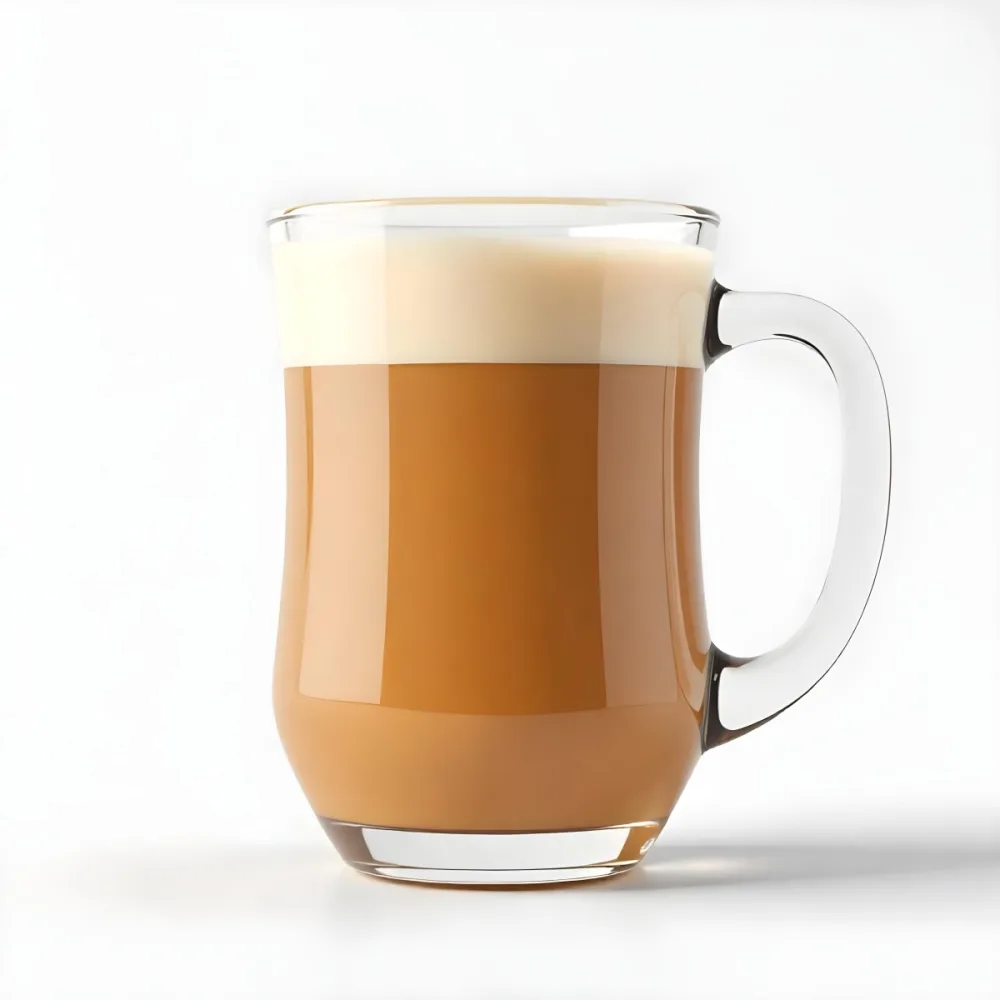 A Glass Mug Filled With A Creamy Brown Liquid Possibly Tea Or Coffee With Milk On A Plain White Background 7 8b82