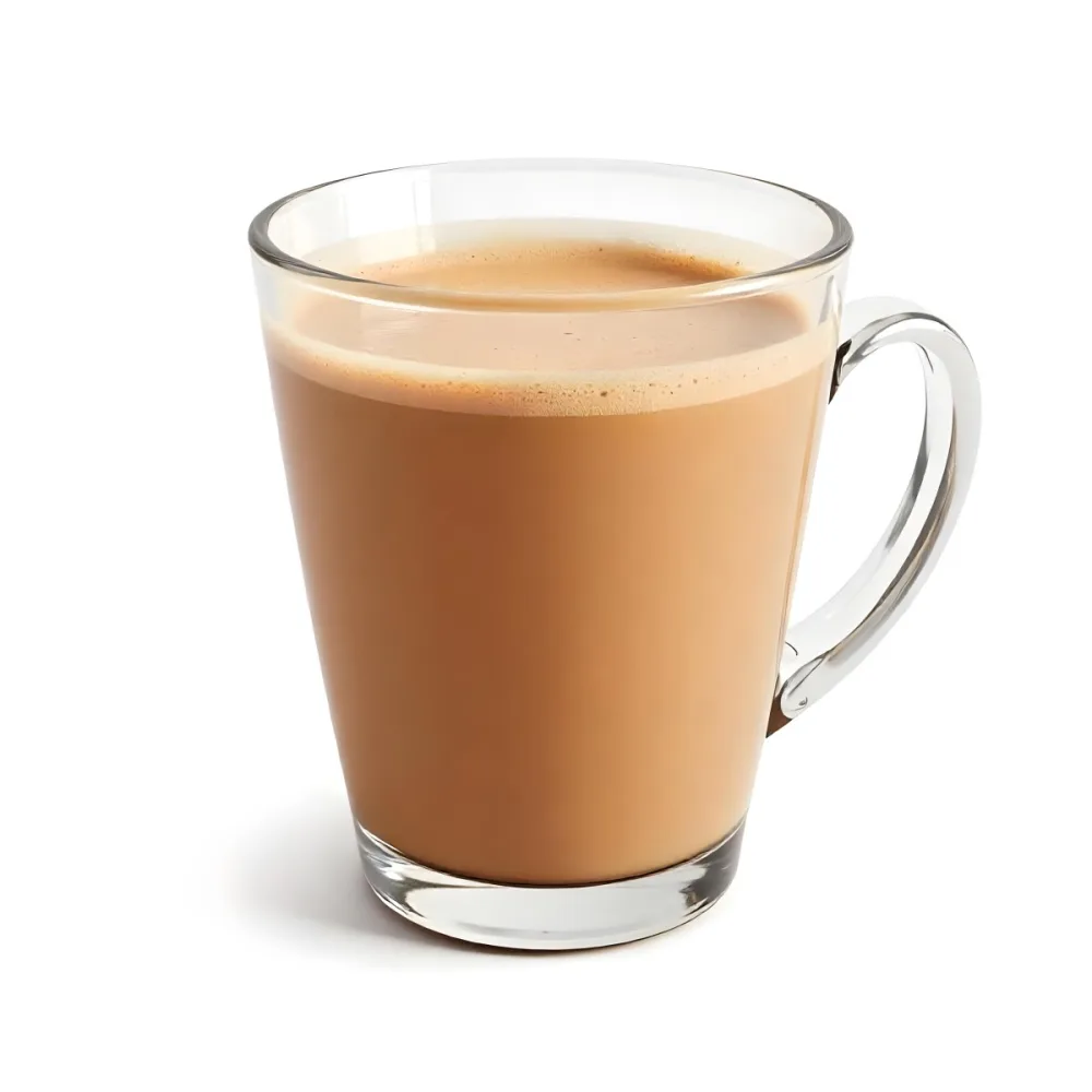 A Glass Mug Filled With A Creamy Brown Liquid Possibly Tea Or Coffee With Milk On A Plain White Background 8 D5a7