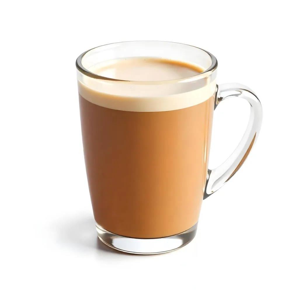 A Glass Mug Filled With A Creamy Brown Liquid Possibly Tea Or Coffee With Milk On A Plain White Background 9 Fc3f