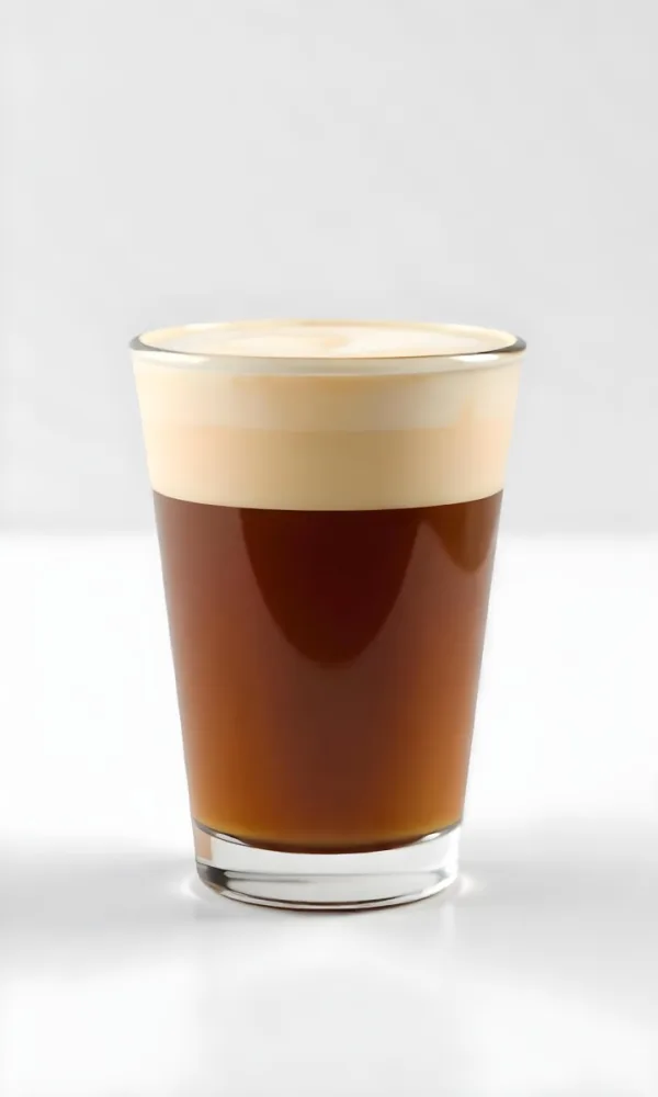 A Glass Of Dark Coffee With A Layer Of Light Brown Foam On Top Against A Plain White Background 8 D21e