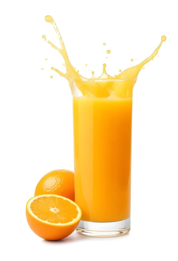 A Glass Of Freshly Squeezed Orange Juice With Splashing Liquid And Orange Slices In The Background 8 486a