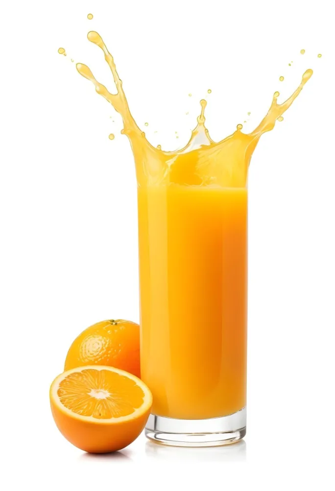 A Glass Of Freshly Squeezed Orange Juice With Splashing Liquid And Orange Slices In The Background 9 0f23