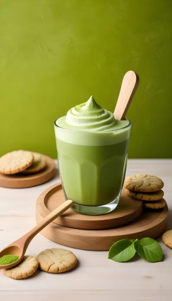 A Glass Of Matcha Latte With A Wooden Spoon On A Wooden Coaster With A Green Background And Some Cookies 1 4611