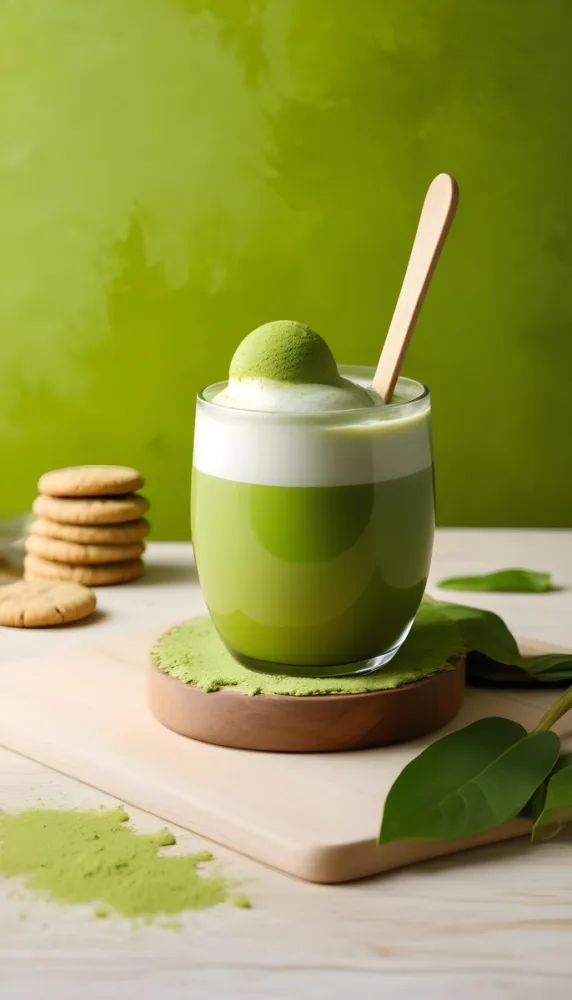 A Glass Of Matcha Latte With A Wooden Spoon On A Wooden Coaster With A Green Background And Some Cookies 12 8470