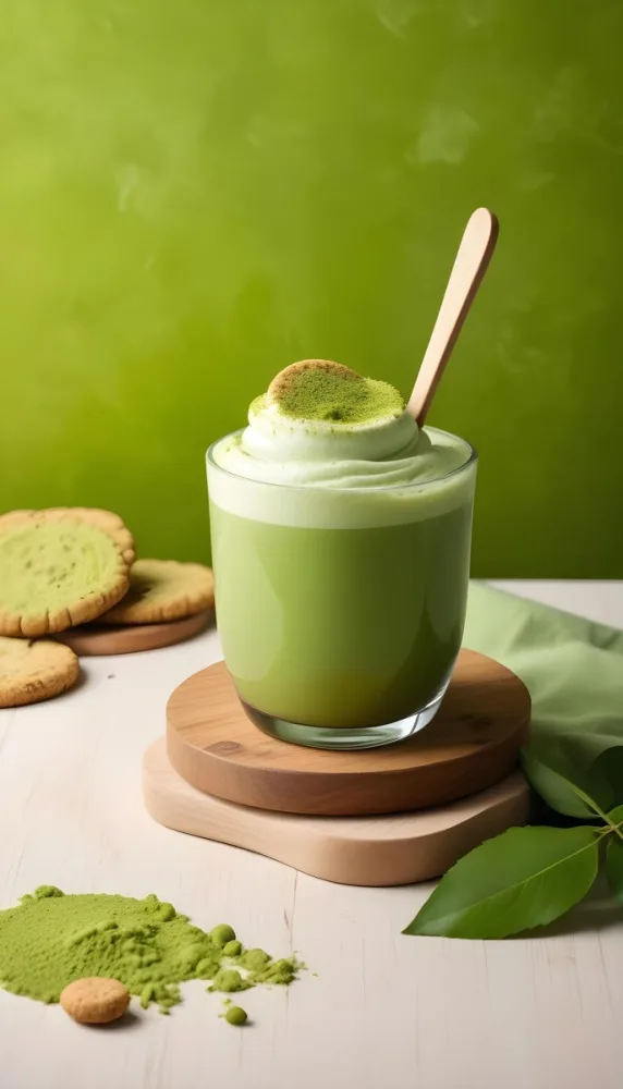 A Glass Of Matcha Latte With A Wooden Spoon On A Wooden Coaster With A Green Background And Some Cookies 13 7361