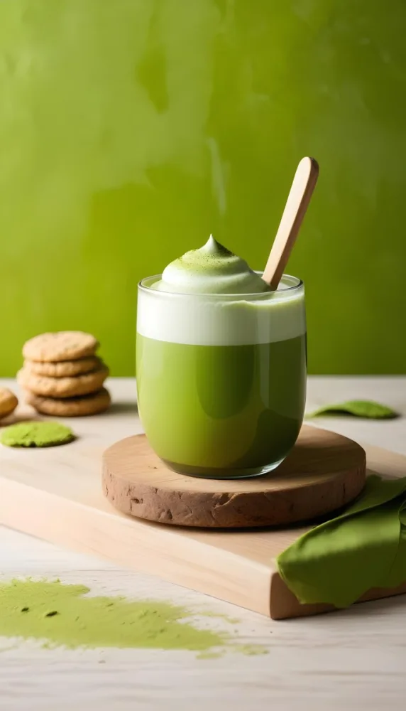 A Glass Of Matcha Latte With A Wooden Spoon On A Wooden Coaster With A Green Background And Some Cookies 14 Eb4f