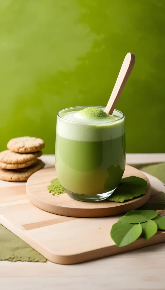 A Glass Of Matcha Latte With A Wooden Spoon On A Wooden Coaster With A Green Background And Some Cookies 18 87ef