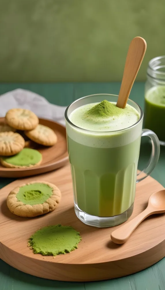 A Glass Of Matcha Latte With A Wooden Spoon On A Wooden Coaster With A Green Background And Some Cookies 19 B31f