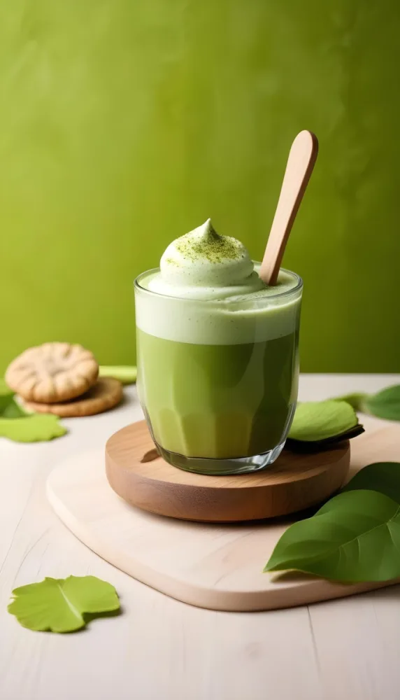 A Glass Of Matcha Latte With A Wooden Spoon On A Wooden Coaster With A Green Background And Some Cookies 22 B7cc