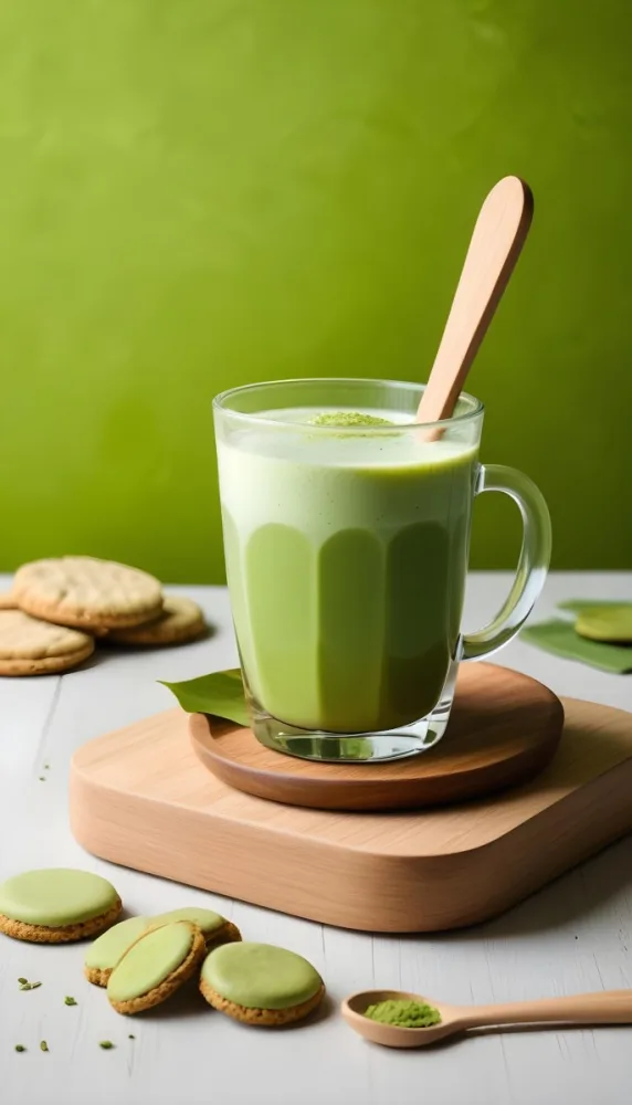A Glass Of Matcha Latte With A Wooden Spoon On A Wooden Coaster With A Green Background And Some Cookies 23 1964