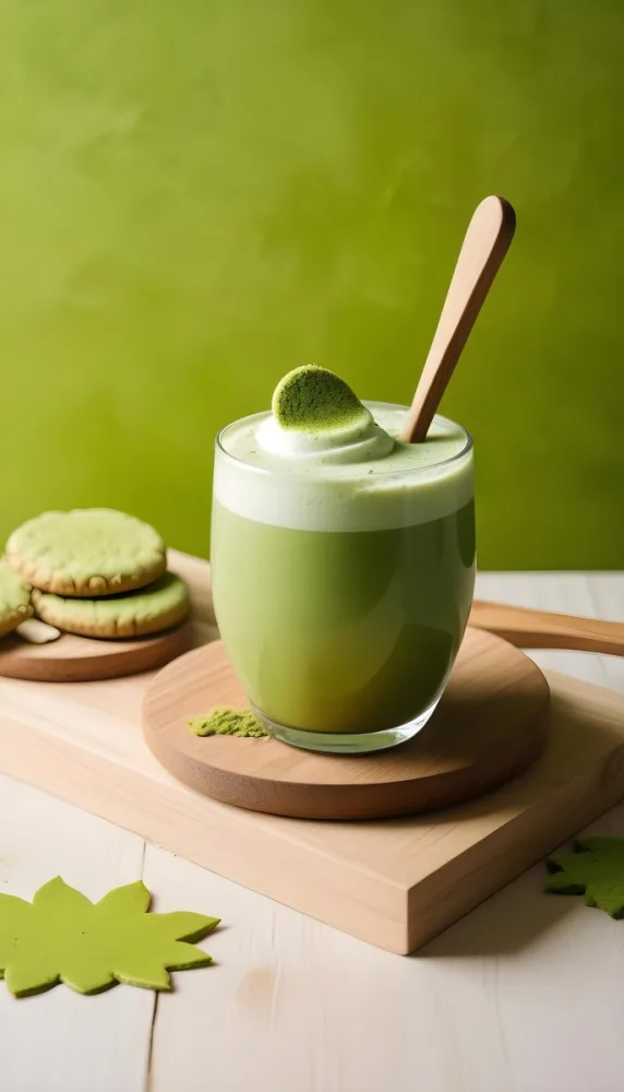 A Glass Of Matcha Latte With A Wooden Spoon On A Wooden Coaster With A Green Background And Some Cookies 4 6008