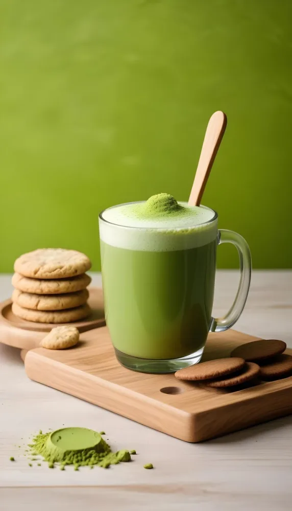 A Glass Of Matcha Latte With A Wooden Spoon On A Wooden Coaster With A Green Background And Some Cookies 5 9fa2