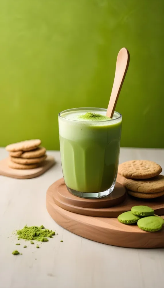 A Glass Of Matcha Latte With A Wooden Spoon On A Wooden Coaster With A Green Background And Some Cookies 6 5114